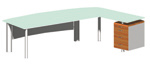 X-Time Work FESC180D habmondförmiger Schreibtisch Füße Next mit Glasplatte und Glasanbau mit Container